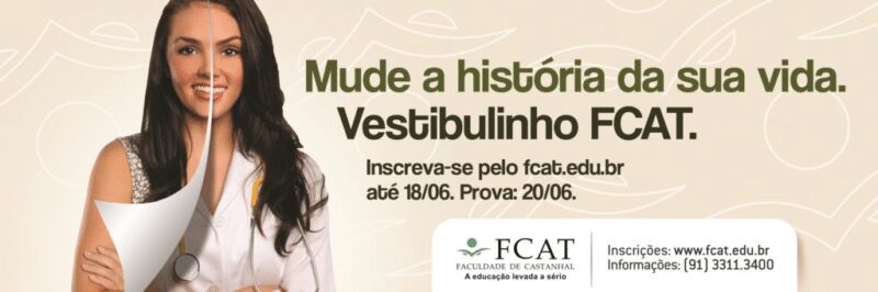 Outdoor publicidade Vestibulinho faculdade FCAT moça virando a página belém pará castanhal