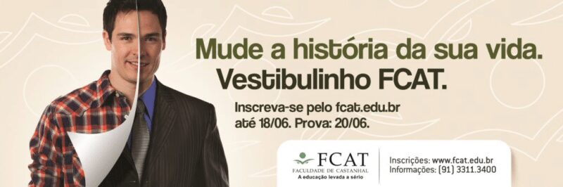 Outdoor publicidade Vestibulinho faculdade FCAT castanhal pará rapaz virando pagina