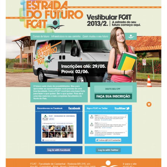 website publicidade Vestibular faculdade de castanhal FCAT campanha estrada do futuro garota em frente a uma van