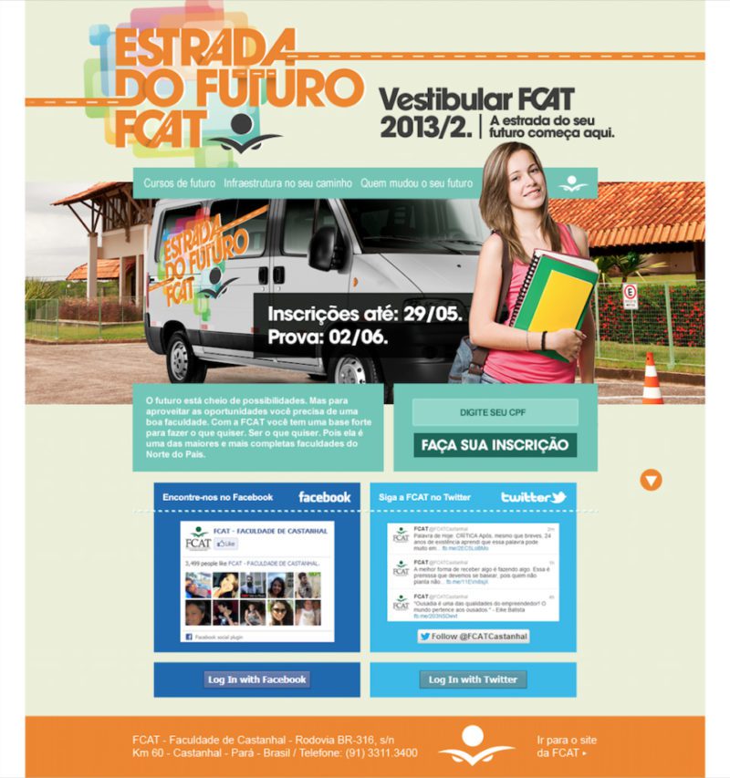 website publicidade Vestibular faculdade de castanhal FCAT campanha estrada do futuro garota em frente a uma van