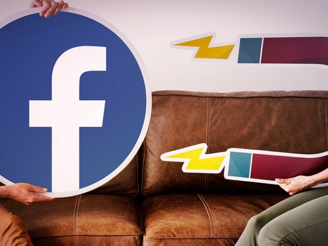 homem e mulher em sofá com logo de facebook e ímã simbolizando facebook ads